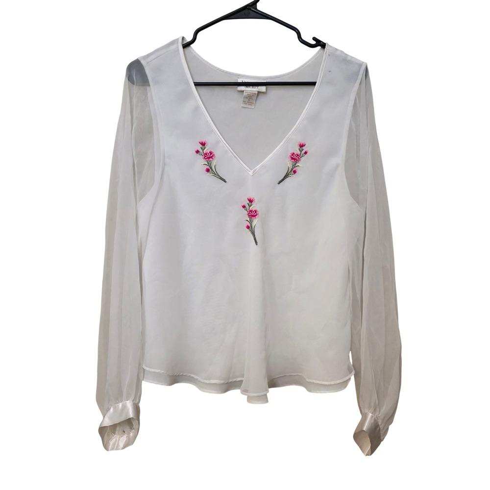 Vintage Victoria's Secret Gold Label White Sheer Floral Embroidered Blouse M